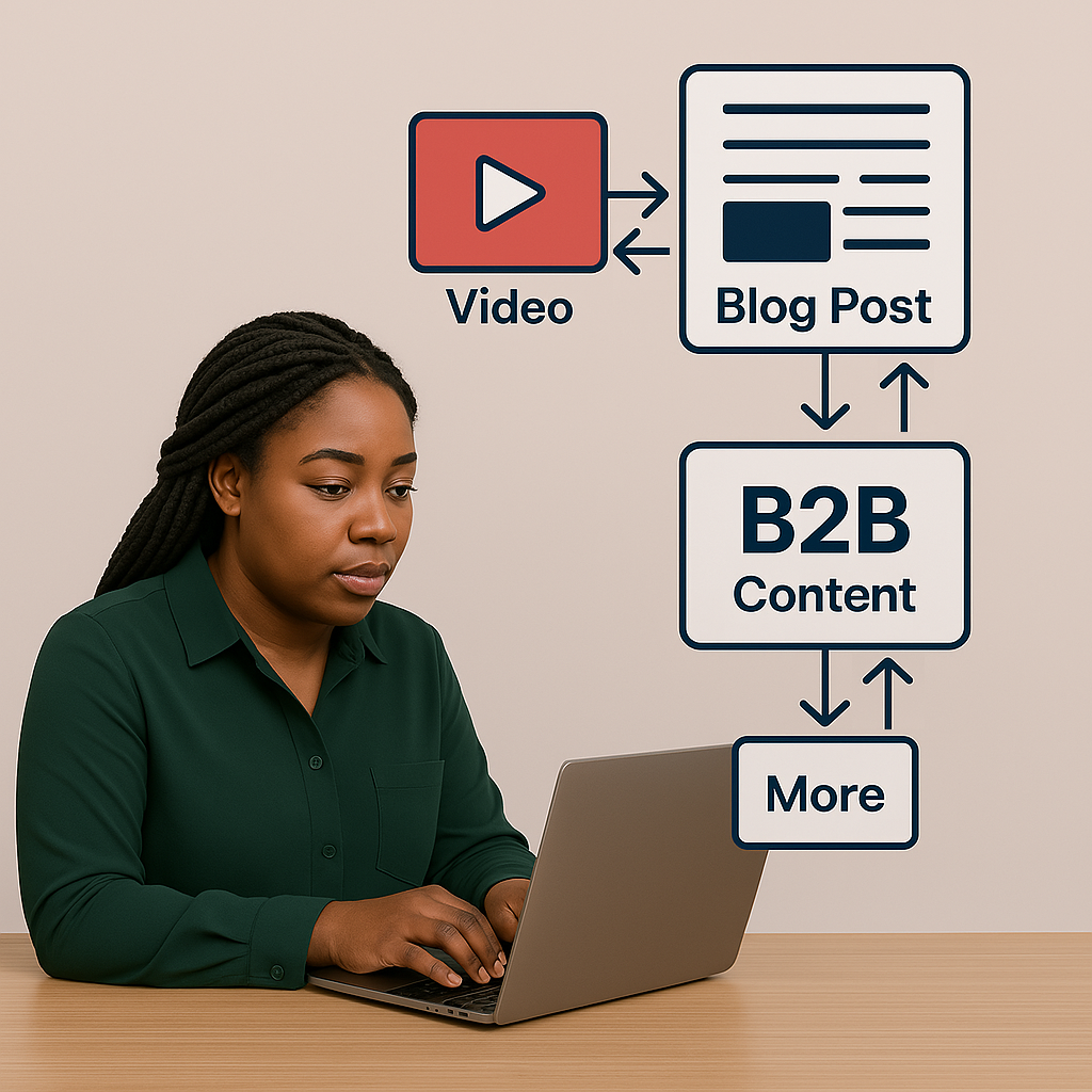 African American woman working on content repurposing—turning a video into a blog post and then into a B2B marketing asset, visually represented with arrows.