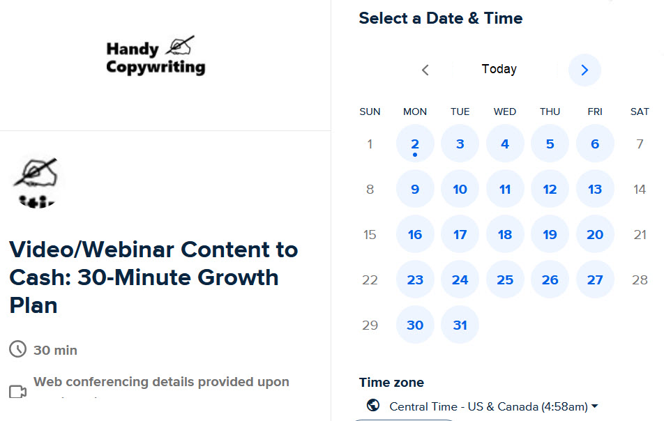 Calendly scheduling page displaying available time slots for a free content repurposing audit with Handy Copywriting